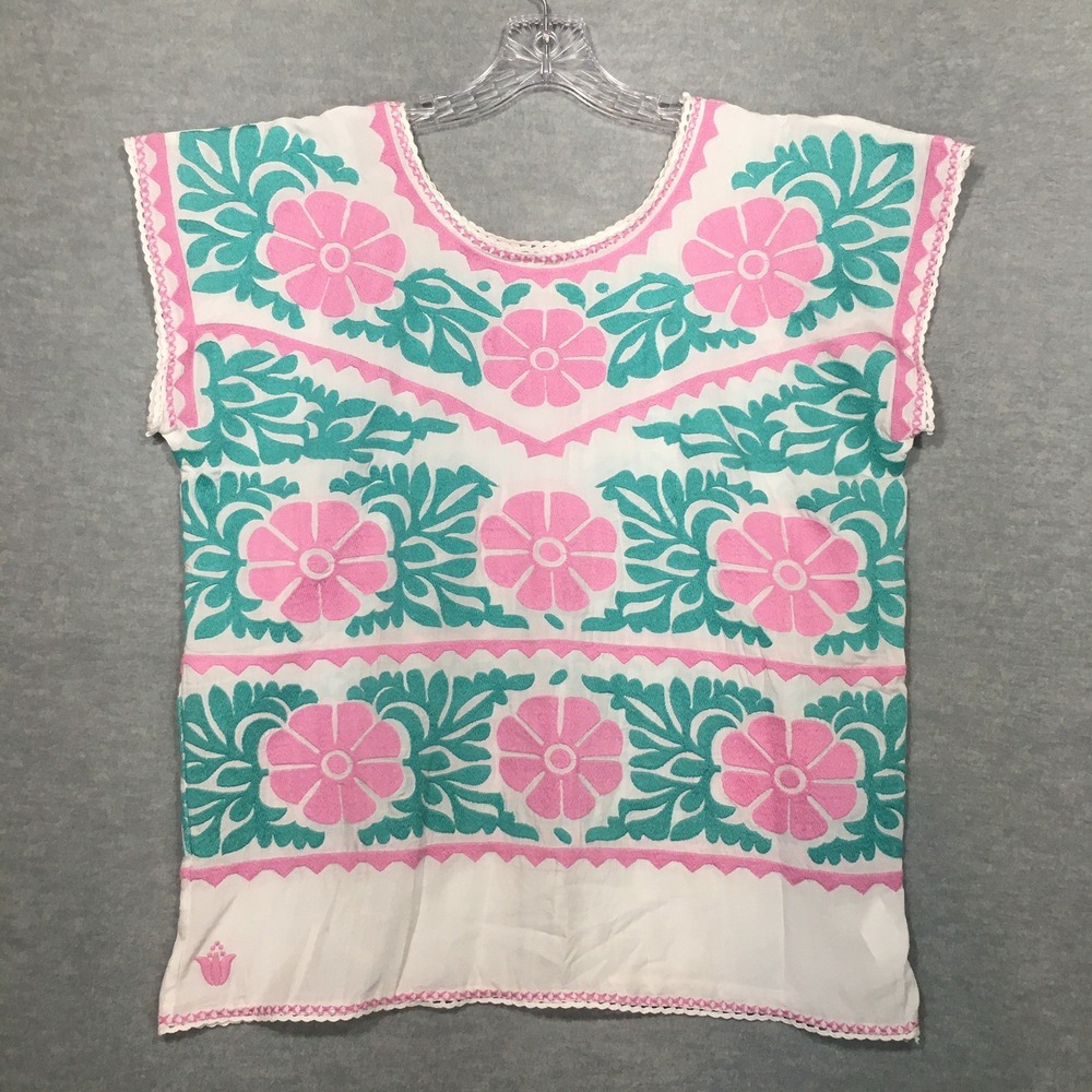 J Marie Small Embroidered Top Pink Green White Floral Sleeveless Dolman Boxy EUC